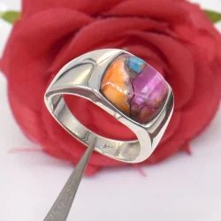 Pink Copper Turquoise Ring 925 Sterling Silver Men Ring