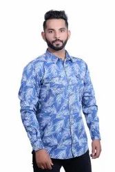 Mens Blue Printed Cotton Shirt