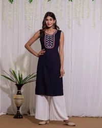 Navy Blue Rayon Embroidered Kurti