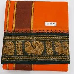 Orange Color 5" Annam Border Cotton Dhoti And Towel Set For Men