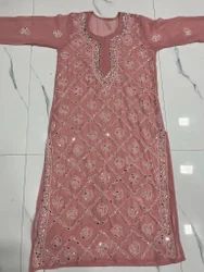 Georgette Chikankari Long Rose Embroidered Kurti