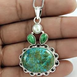 Chrysocolla Pearl Emerald Pendant 925 Sterling Silver Gemstone Jewelry