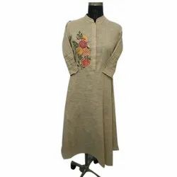 Ladies Beige Cotton Embroidered Kurti