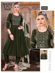 Stylish Rayon slub nyra cut with embroidery kurti pant duppata set