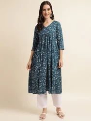 Fabclub Blue Rayon Alia Cut Printed Women Kurti