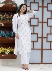 White Printed Rayon Kurti With Palazzo And Dupatta Set